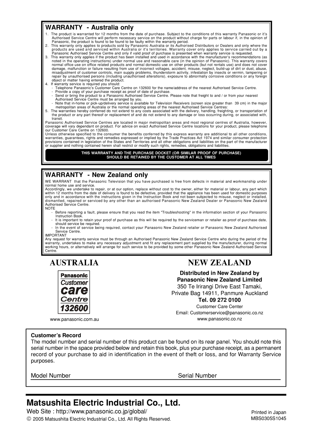 Panasonic TX-23LX50A Distributed in New Zealand by, Panasonic New Zealand Limited, Te Irirangi Drive East Tamaki, Tel 272 