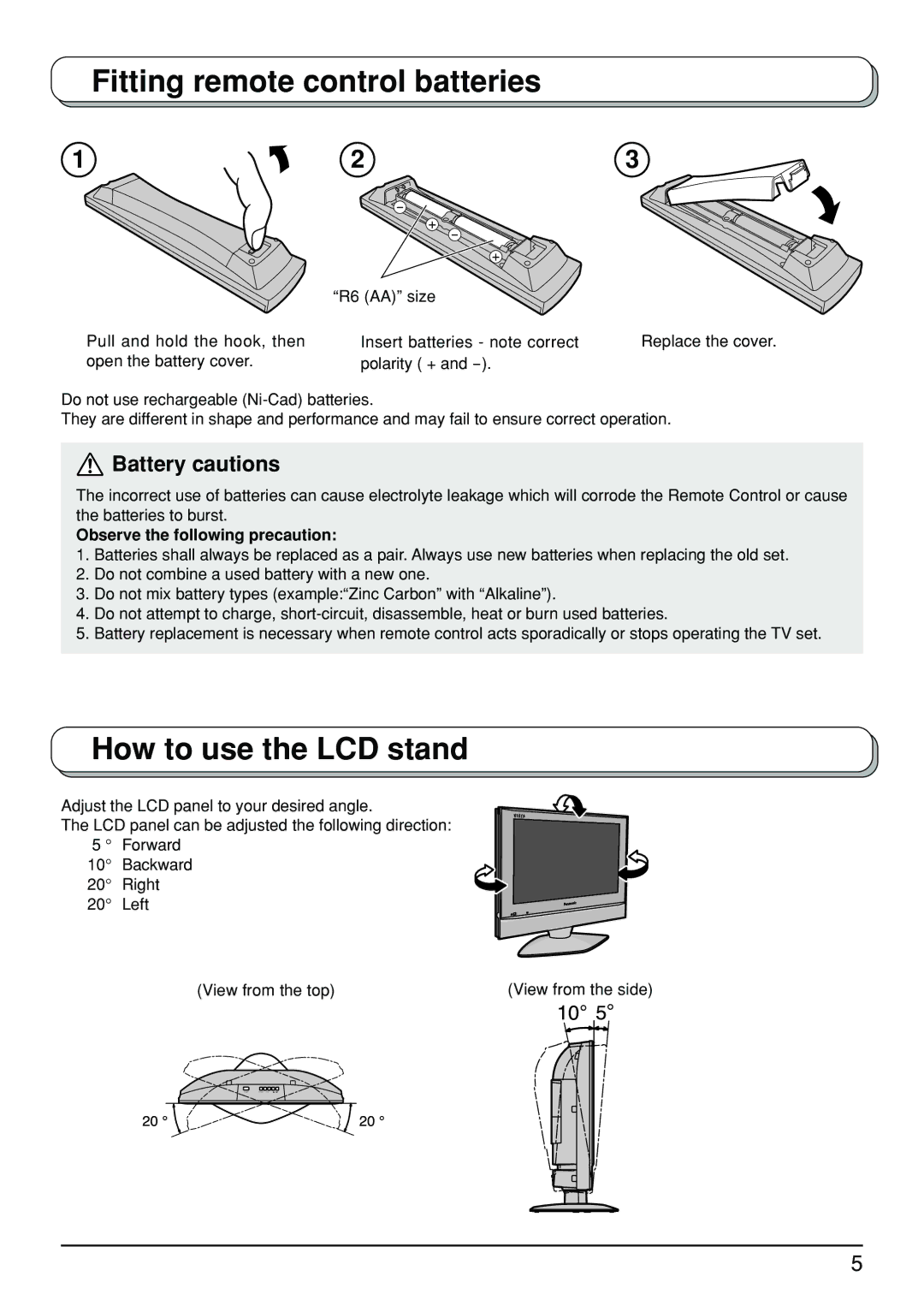 Panasonic TX-23LX50A manual Fitting remote control batteries, How to use the LCD stand, Observe the following precaution 