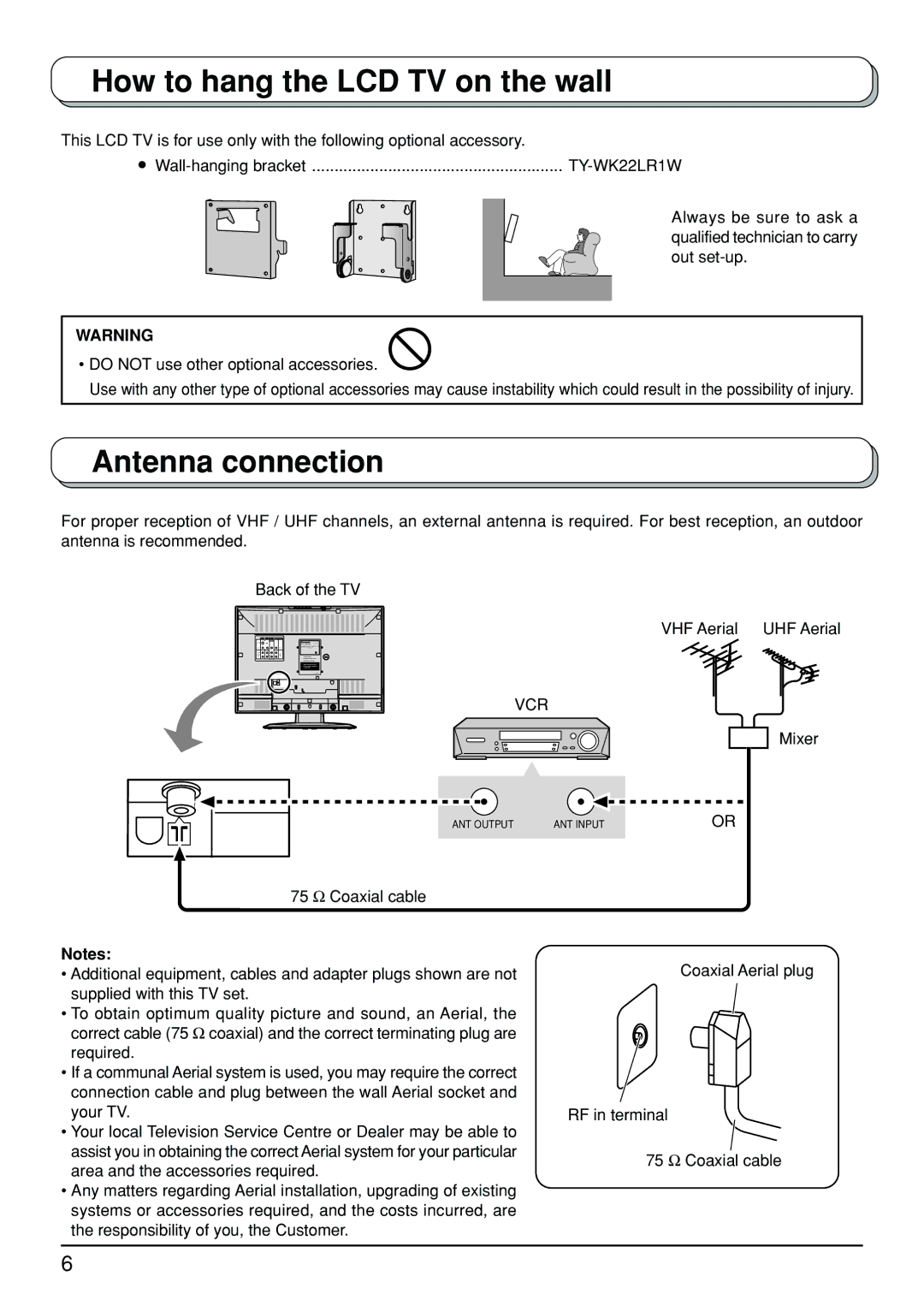 Panasonic TX-23LX50A manual How to hang the LCD TV on the wall, Antenna connection 