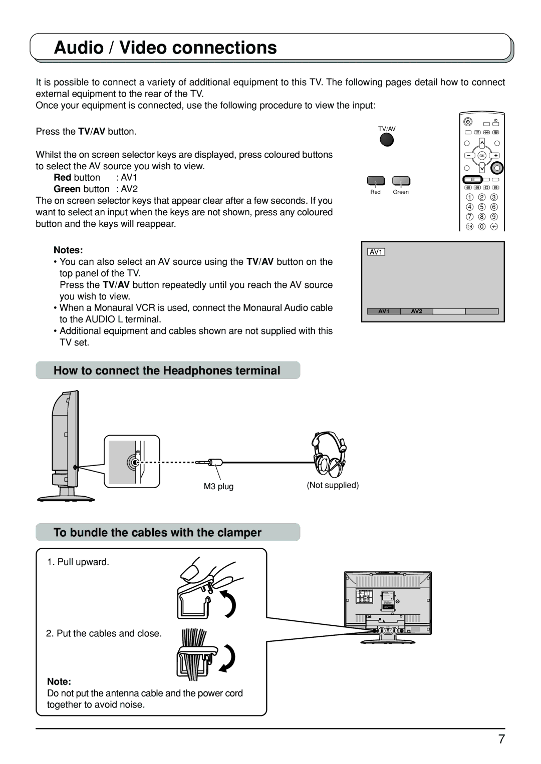 Panasonic TX-23LX50A manual Audio / Video connections, How to connect the Headphones terminal, Green button, AV2 