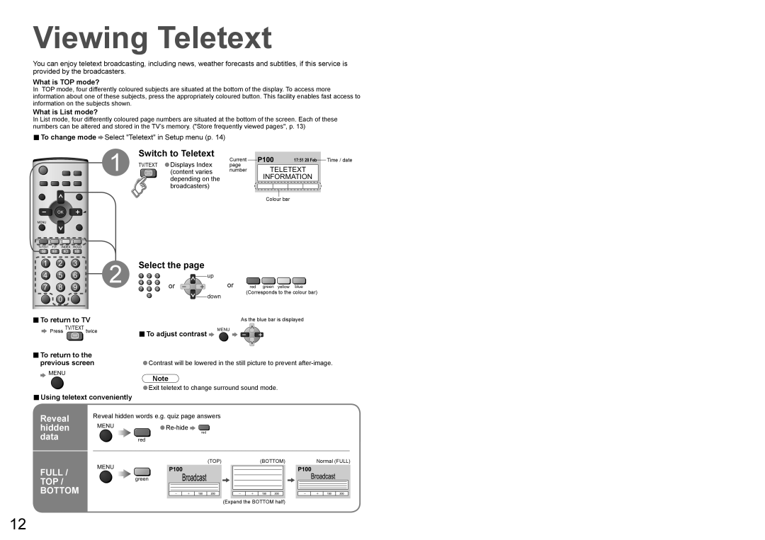 Panasonic TX-23LX60A operating instructions Viewing Teletext, Reveal, Hidden, Data 