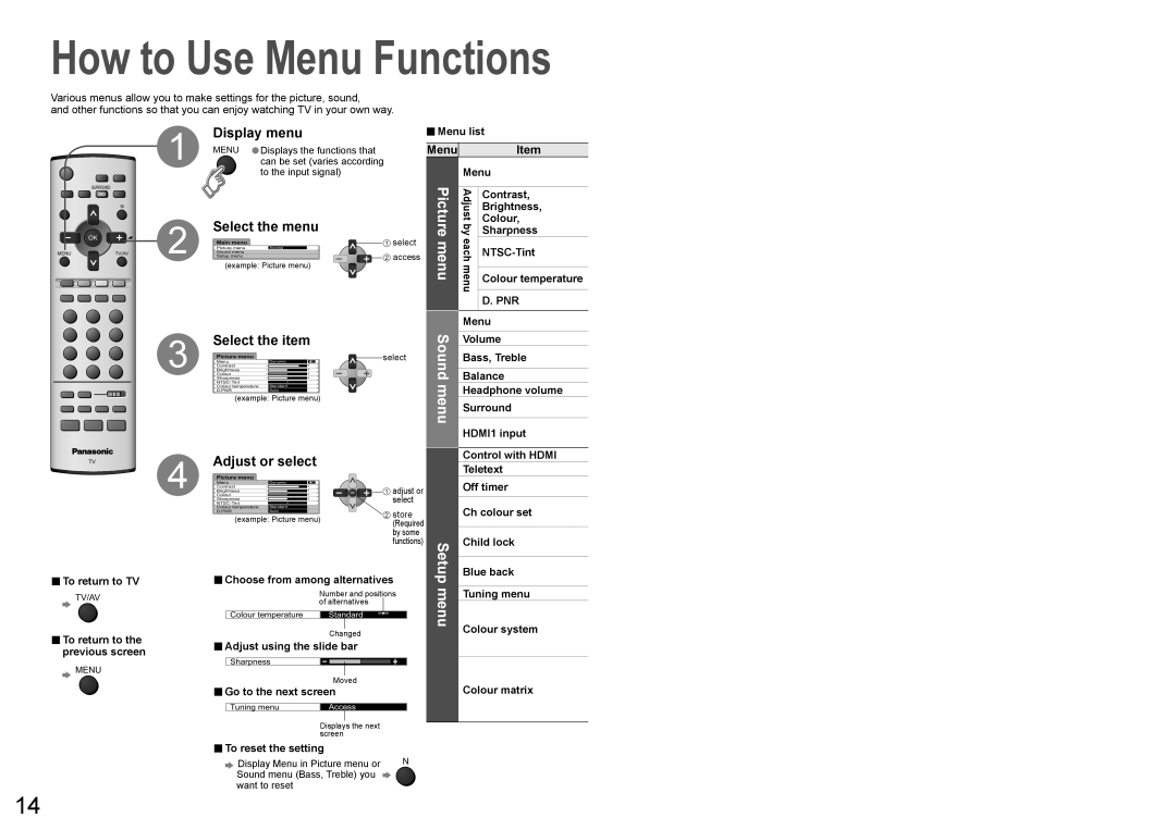 Panasonic TX-23LX60A operating instructions Display menu, Select the menu, Select the item, Adjust or select, Menu 