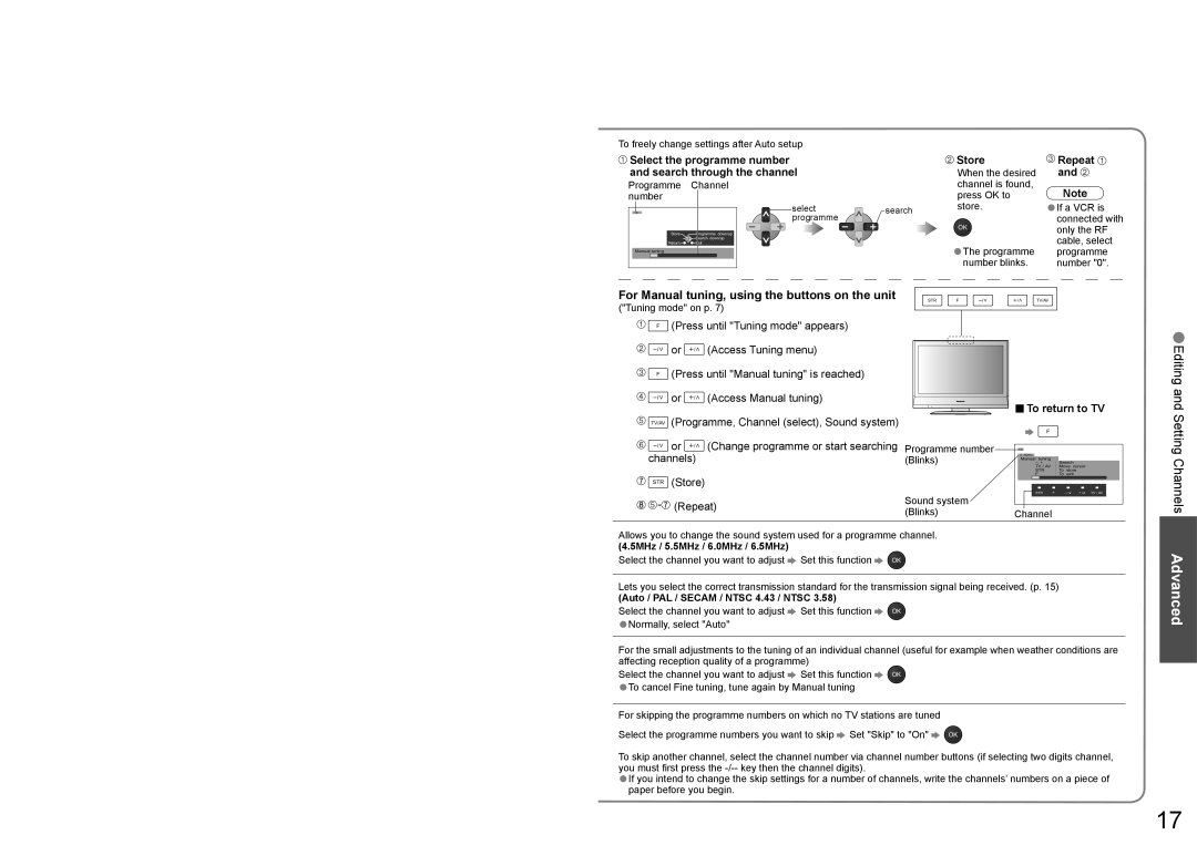 Panasonic TX-23LX60A operating instructions Editing and Setting Channels, For Manual tuning, using the buttons on the unit 