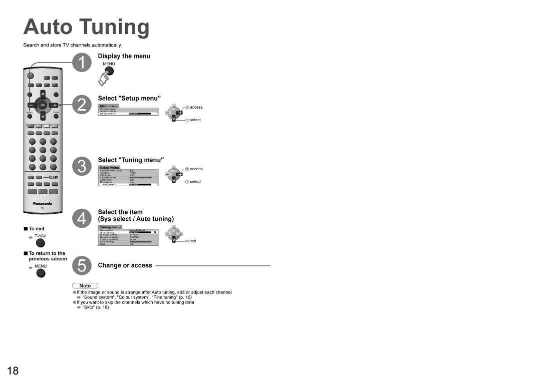 Panasonic TX-23LX60A operating instructions Auto Tuning, Select the item Sys select / Auto tuning, Change or access 