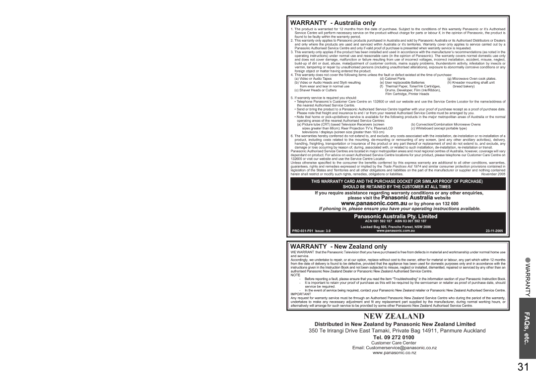 Panasonic TX-23LX60A operating instructions Etc, Warranty Australia only, Warranty New Zealand only, Tel 272 