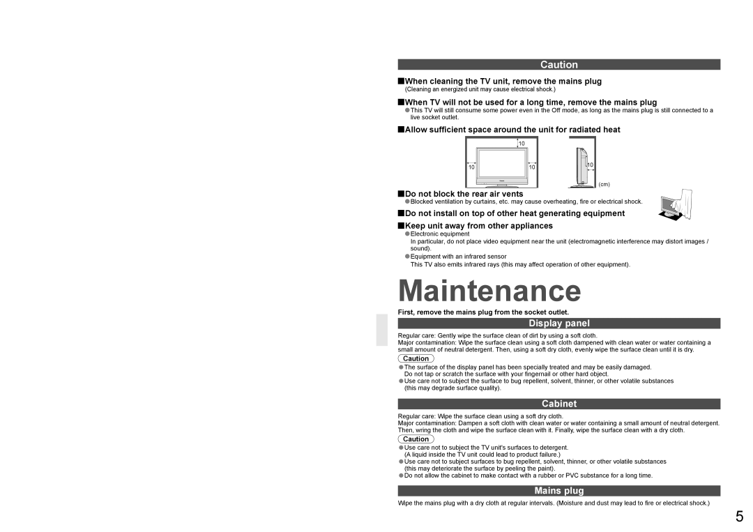 Panasonic TX-23LX60A Maintenance, Display panel, Cabinet, Mains plug, First, remove the mains plug from the socket outlet 