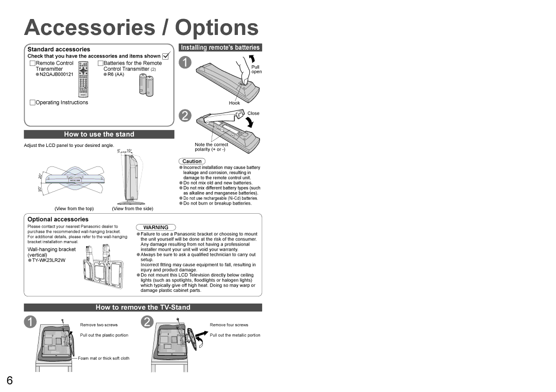 Panasonic TX-23LX60A operating instructions Accessories / Options, How to use the stand, How to remove the TV-Stand 