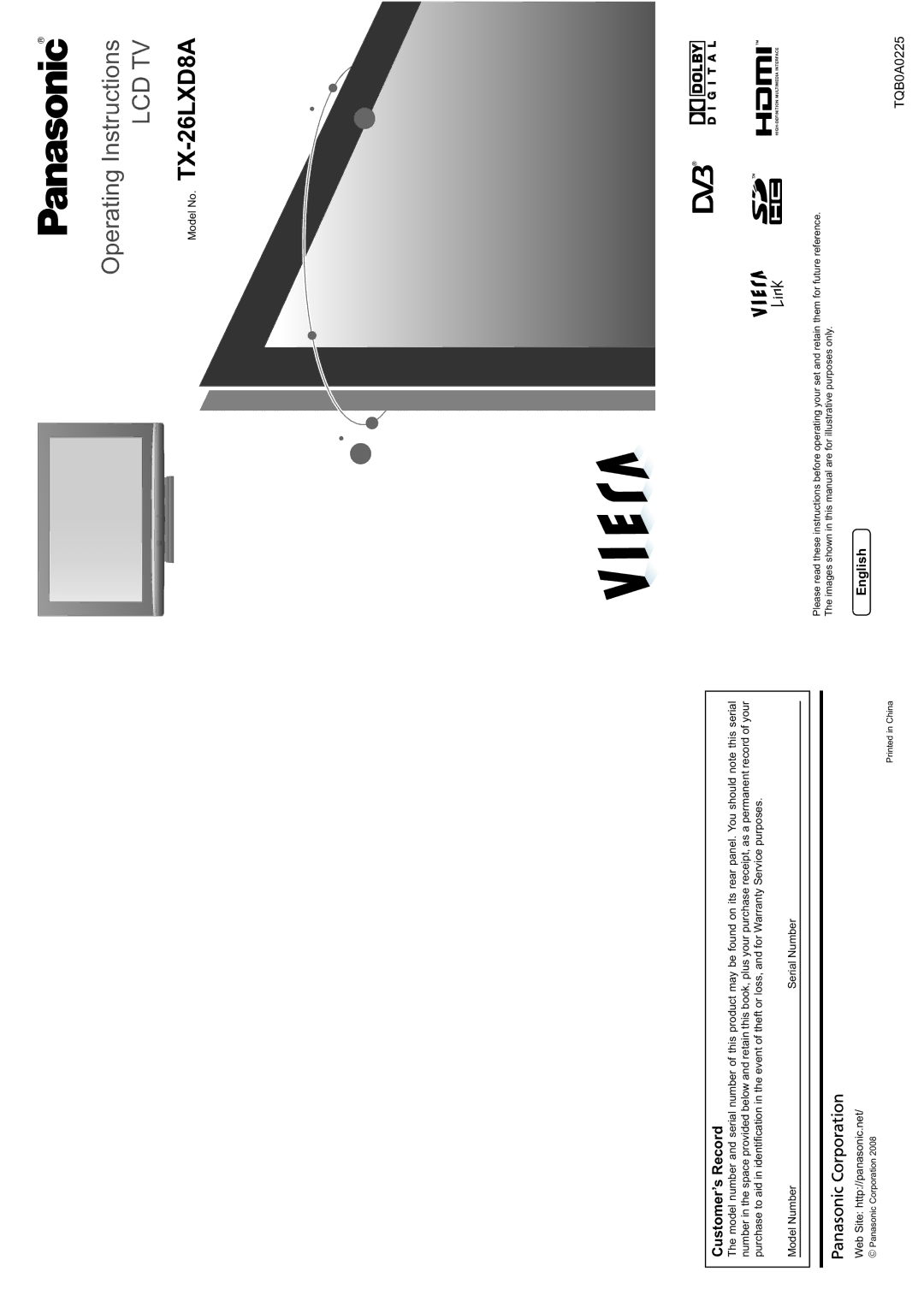 Panasonic warranty Customer’s Record, English, Model No. TX-26LXD8A 