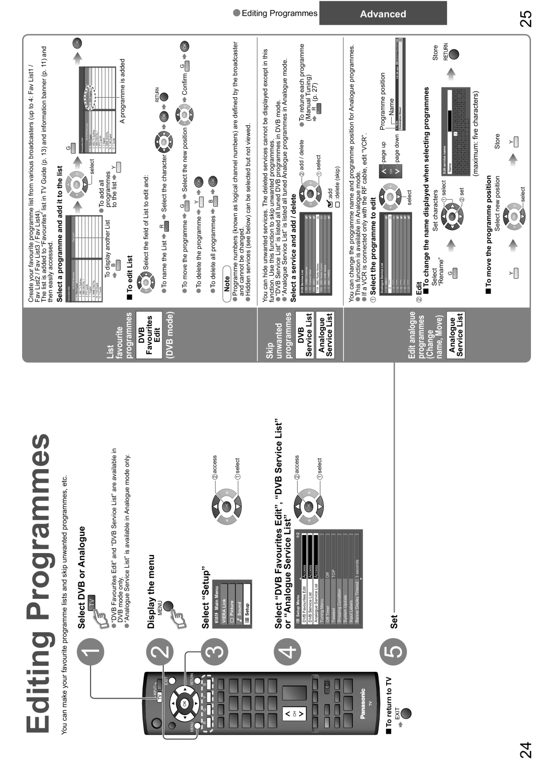 Panasonic TX-26LXD8A warranty Editing Programmes, Select DVB or Analogue, Or Analogue Service List, DVB mode 