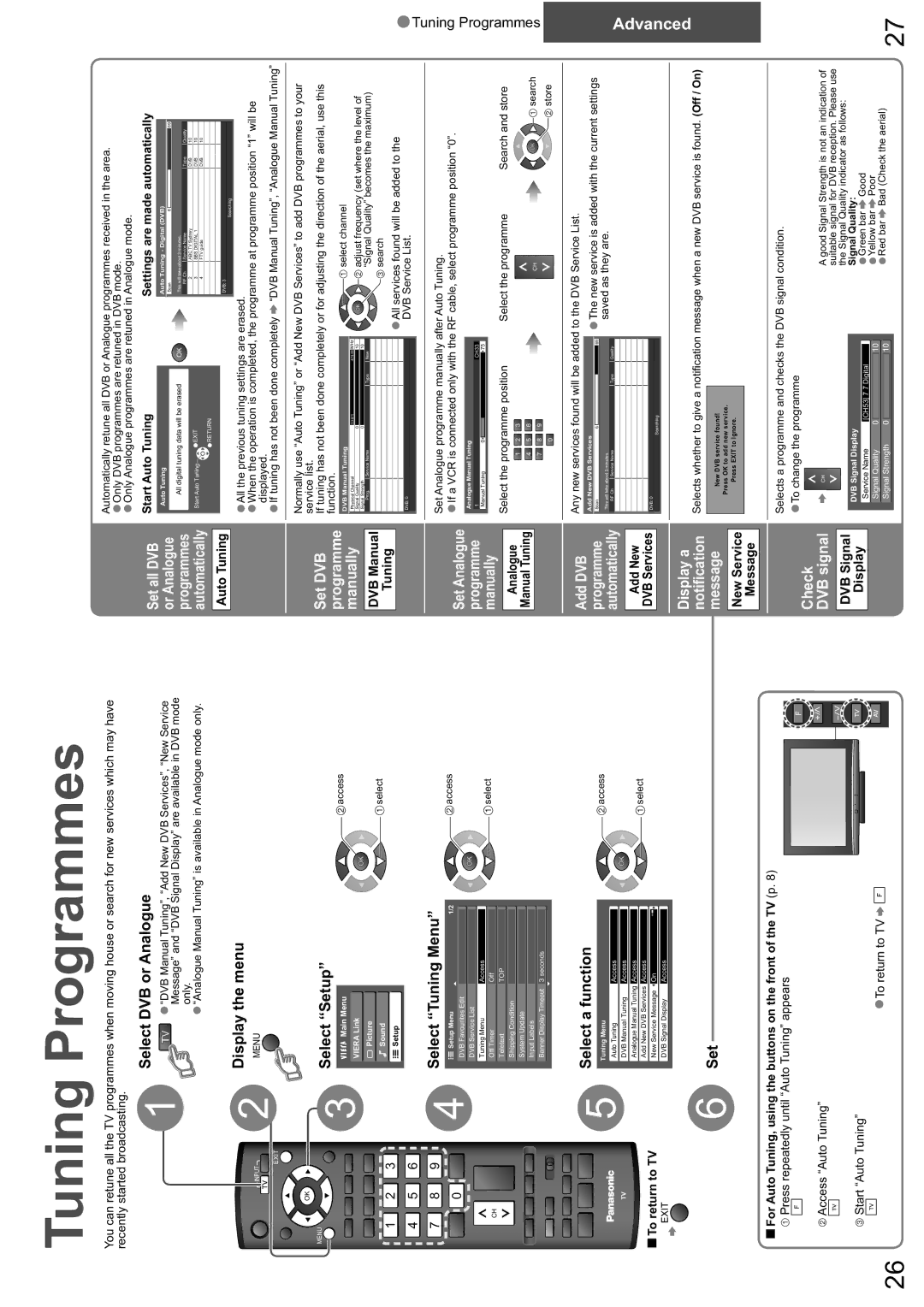 Panasonic TX-26LXD8A warranty Tuning Programmes, Select DVB or Analogue, Select Tuning Menu, Select a function 