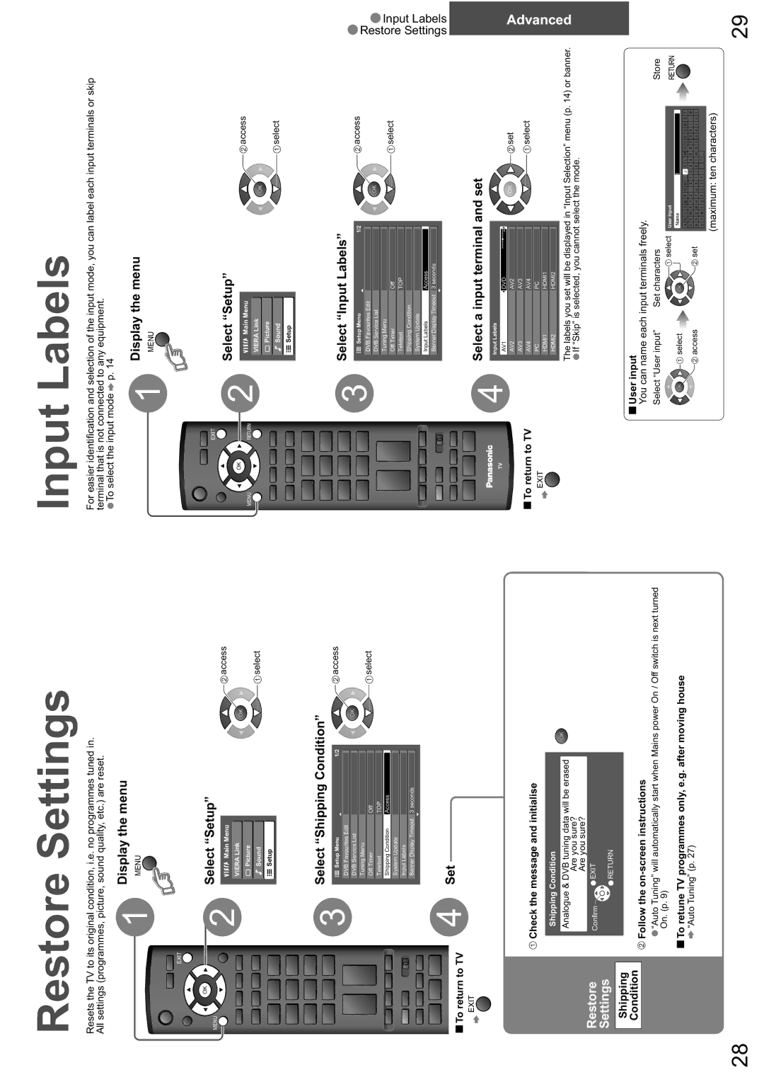 Panasonic TX-26LXD8A Restore Settings, Select Shipping Condition, Select Input Labels, Select a input terminal and set 