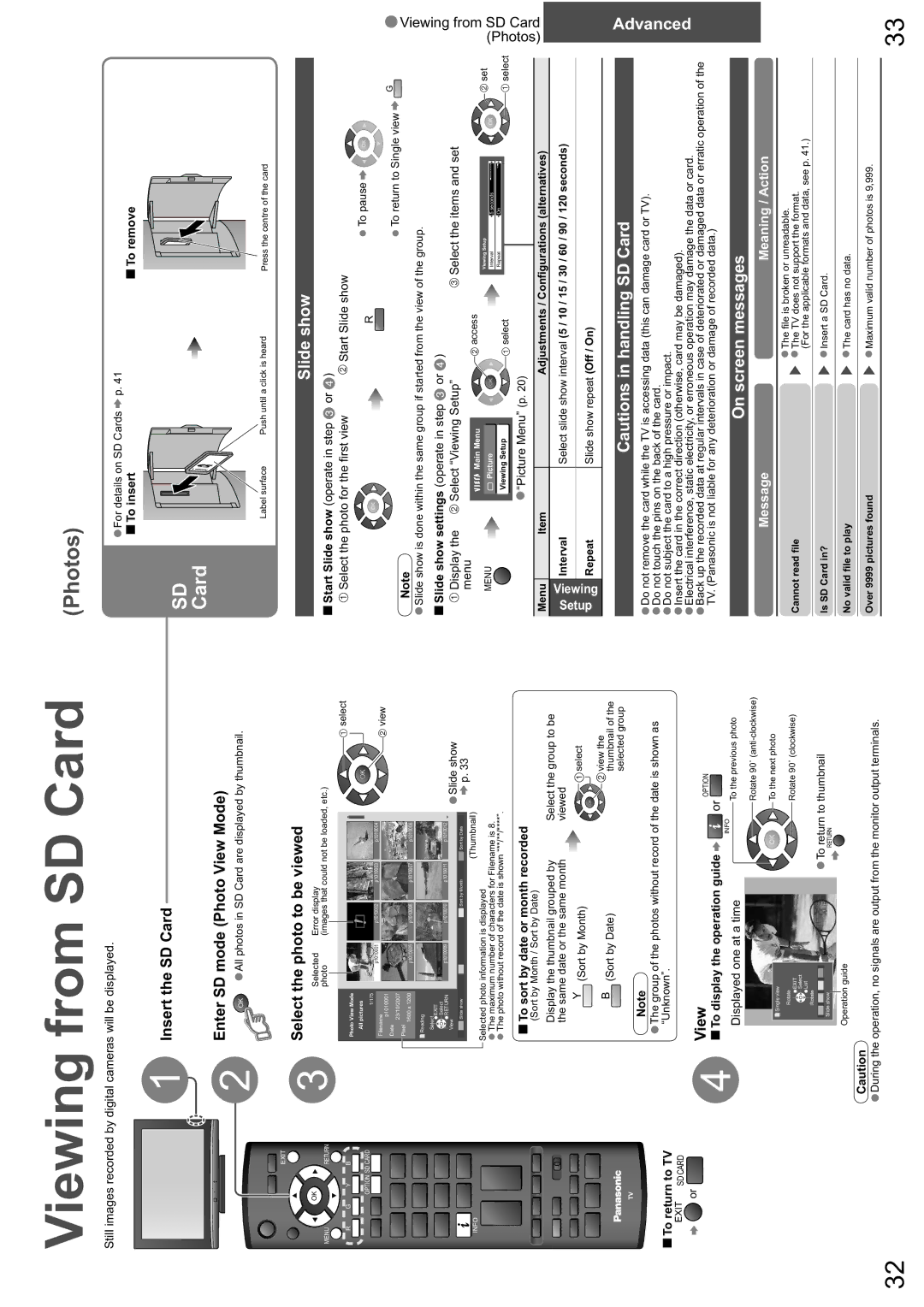 Panasonic TX-26LXD8A warranty Viewing from SD Card, Slide show, On screen messages 