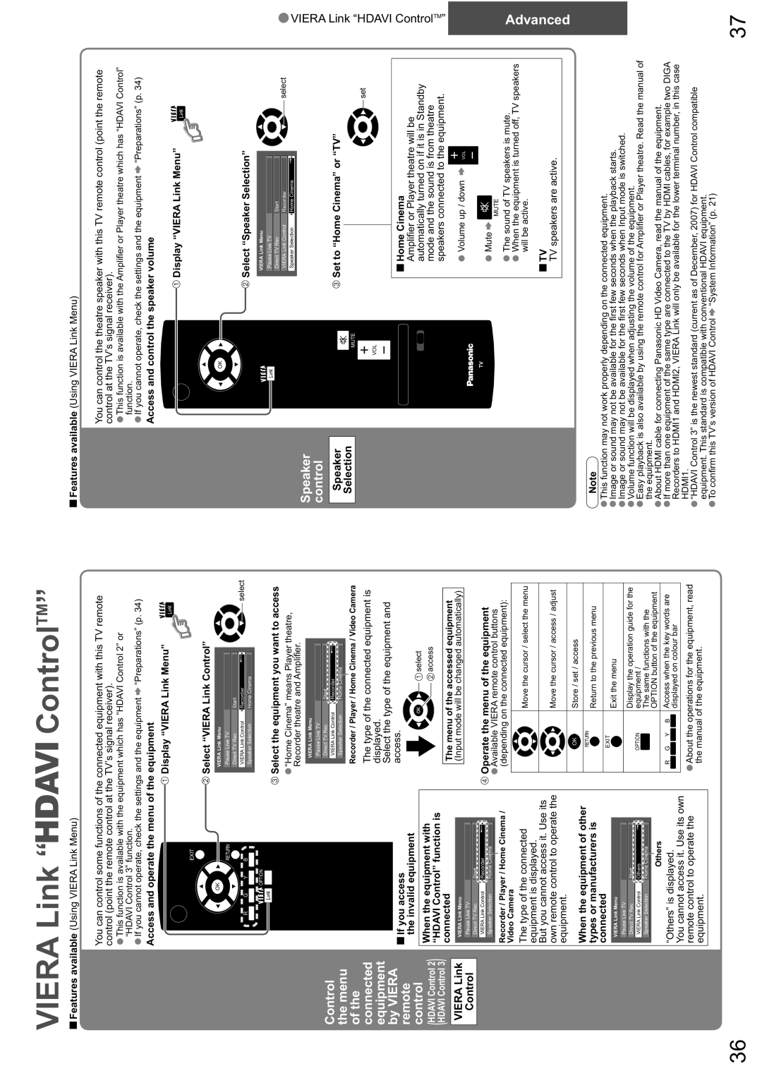 Panasonic TX-26LXD8A warranty Speaker control, Viera Link Hdavi ControlTM, Viera Link Control, Speaker Selection 