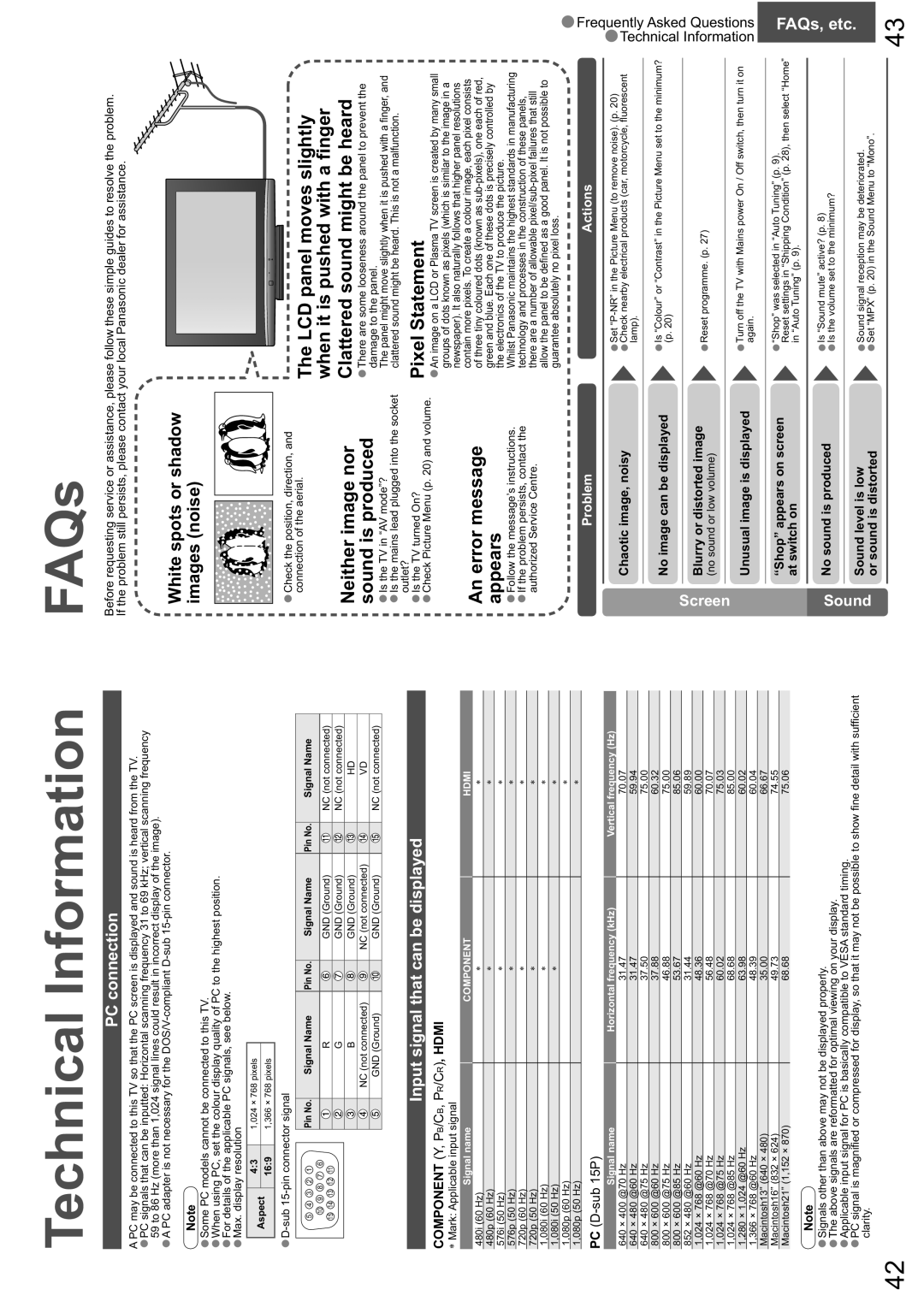 Panasonic TX-26LXD8A warranty FAQs, PC connection, Input signal that can be displayed, Screen, Problem Actions 