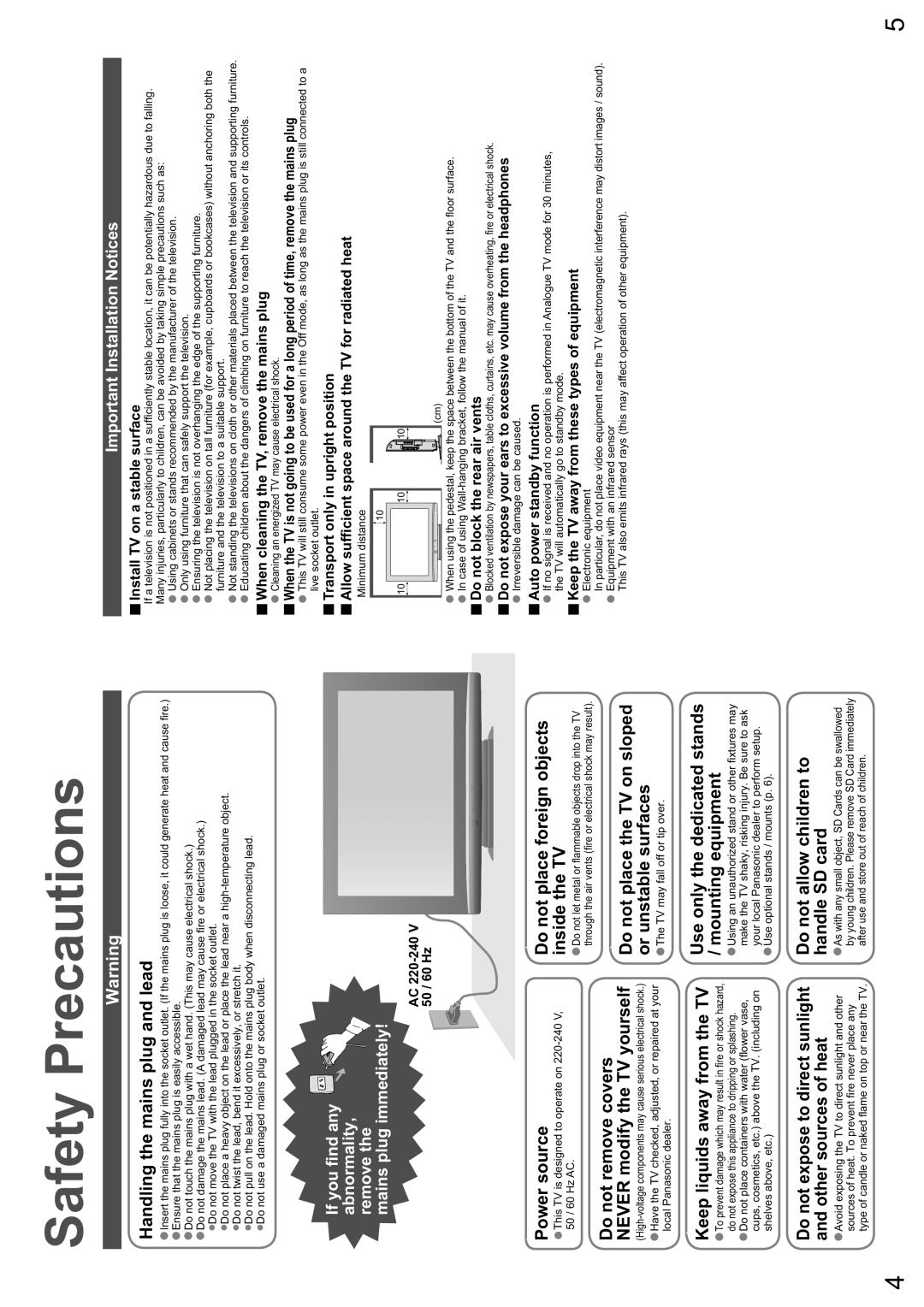 Panasonic TX-26LXD8A warranty Safety Precautions, Important Installation Notices 