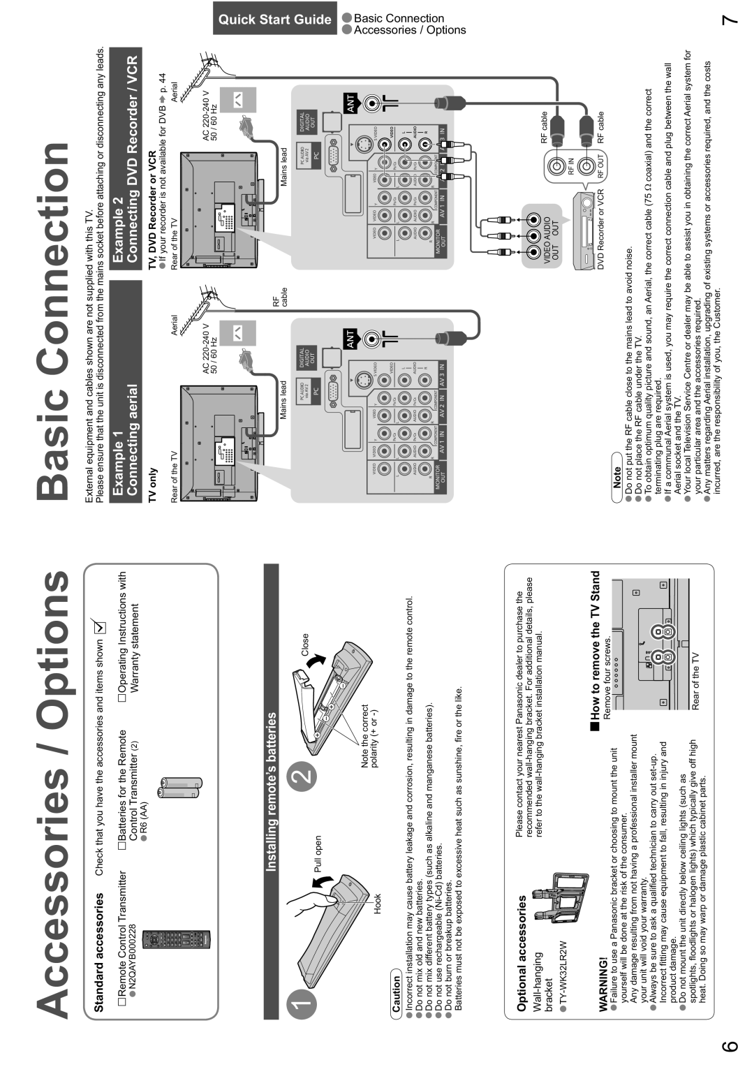 Panasonic TX-26LXD8A Accessories / Options, Basic Connection, Example Connecting aerial, Installing remote’s batteries 