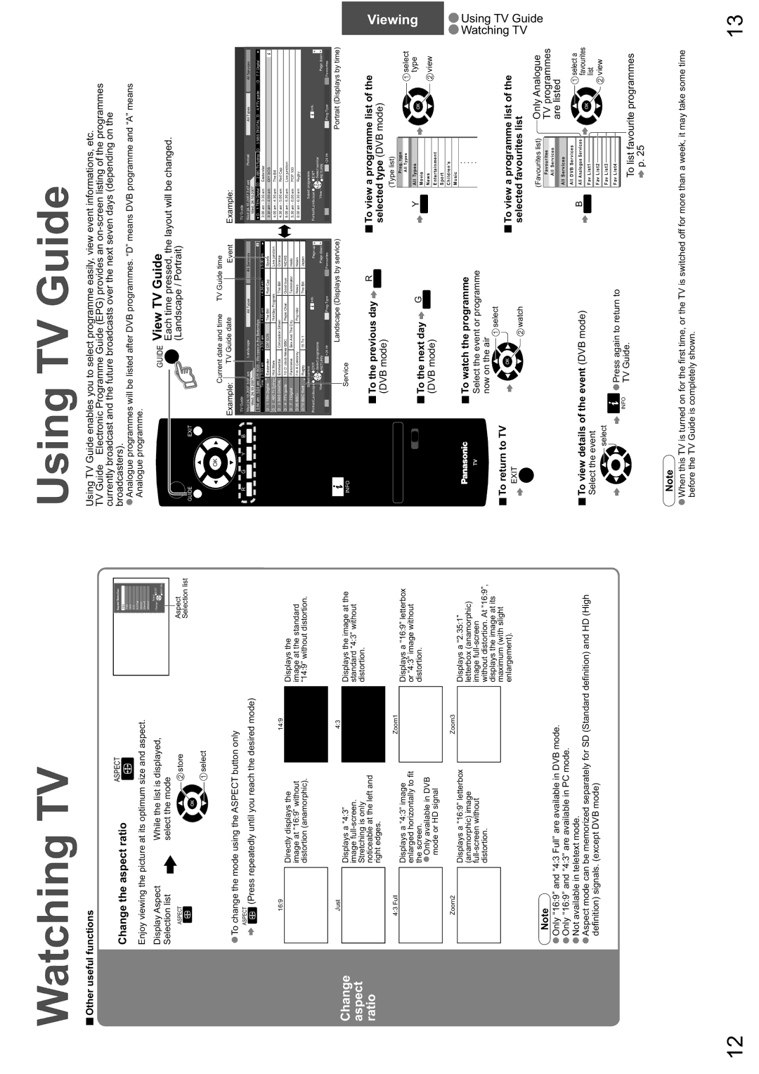 Panasonic TX-26LXD8A Watching TV Using TV Guide, Guide View TV Guide, Change aspect ratio, Viewing, Using TV Watching 