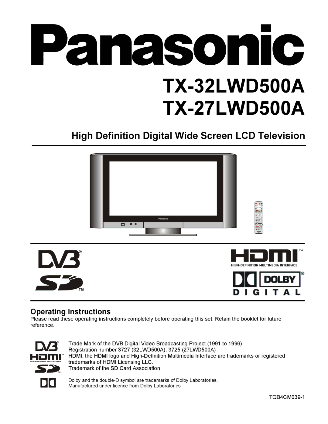 Panasonic operating instructions TX-32LWD500A TX-27LWD500A, High Definition Digital Wide Screen LCD Television 