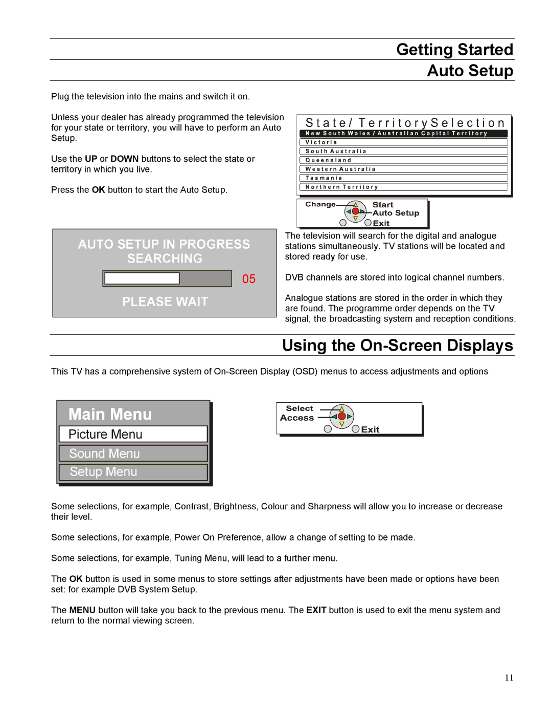 Panasonic TX-32LWD500A, TX-27LWD500A operating instructions Getting Started Auto Setup, Using the On-Screen Displays 