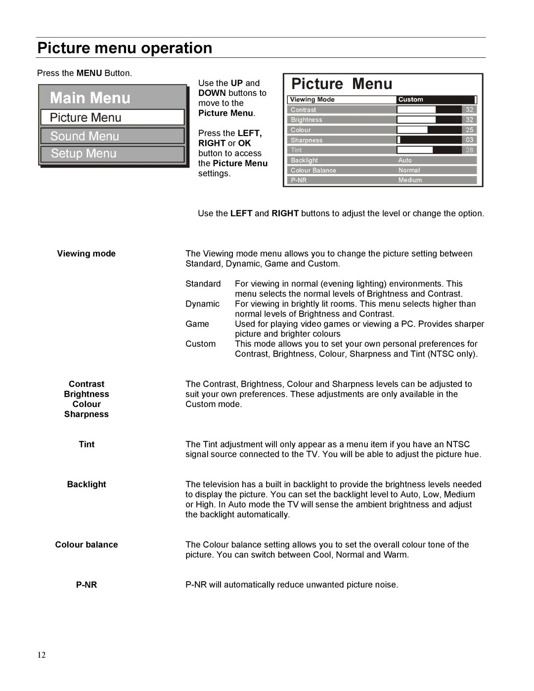 Panasonic TX-27LWD500A, TX-32LWD500A operating instructions Picture menu operation, Picture Menu 