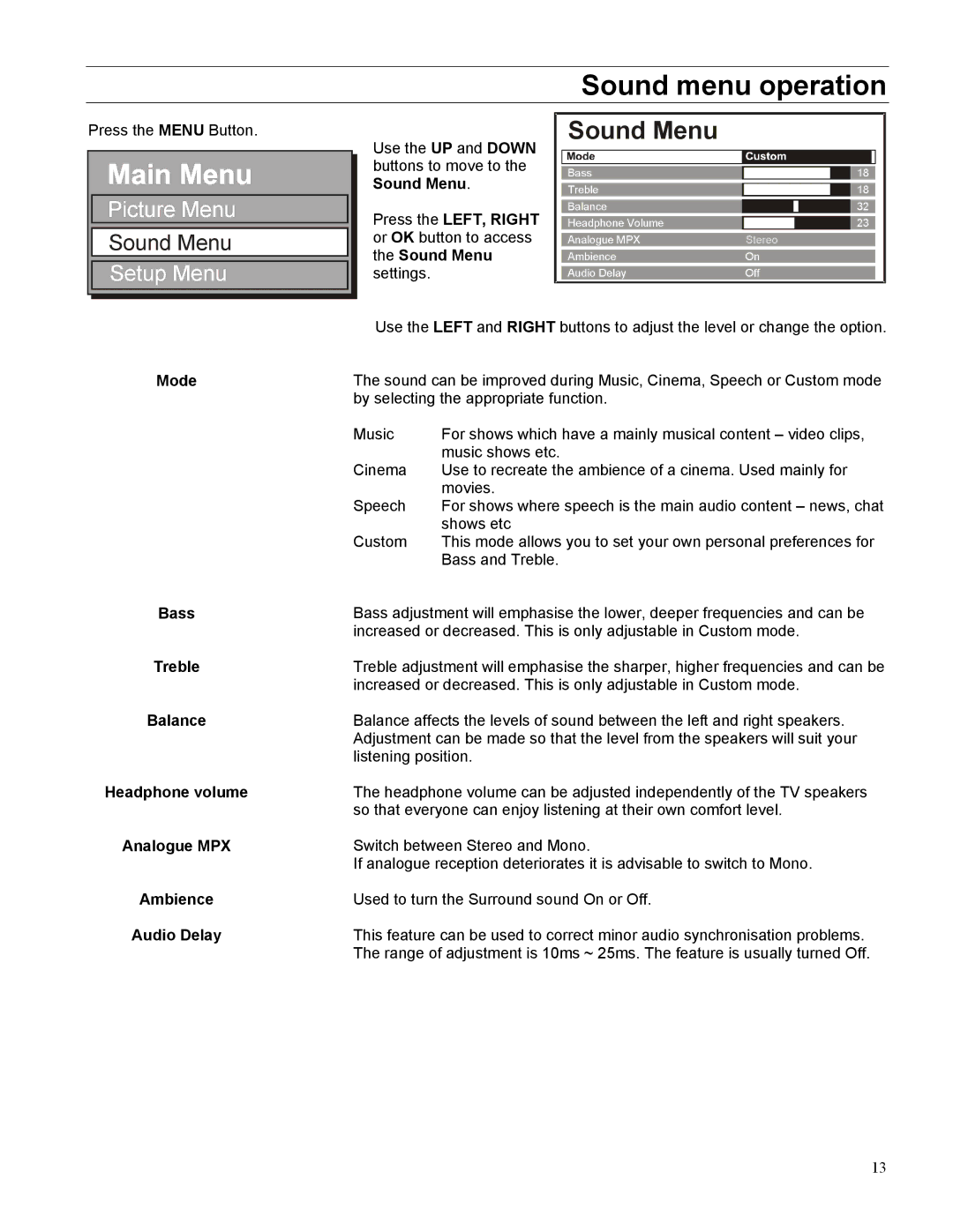 Panasonic TX-32LWD500A, TX-27LWD500A operating instructions Sound menu operation, Bass, Audio Delay 