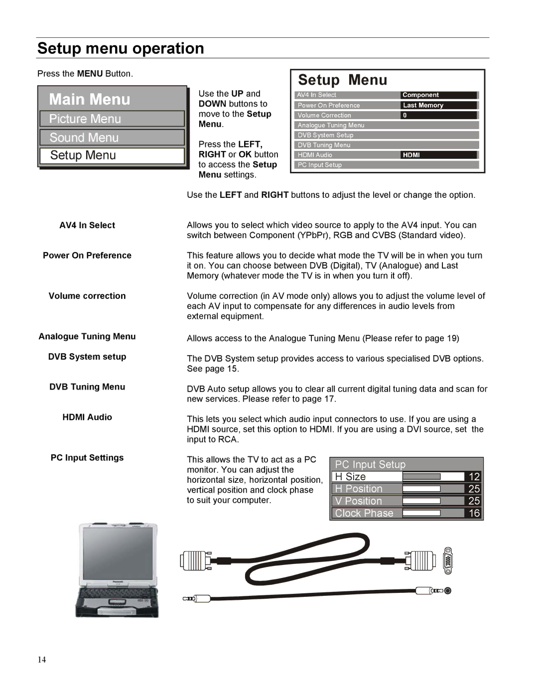 Panasonic TX-27LWD500A, TX-32LWD500A operating instructions Setup menu operation, PC Input Settings 