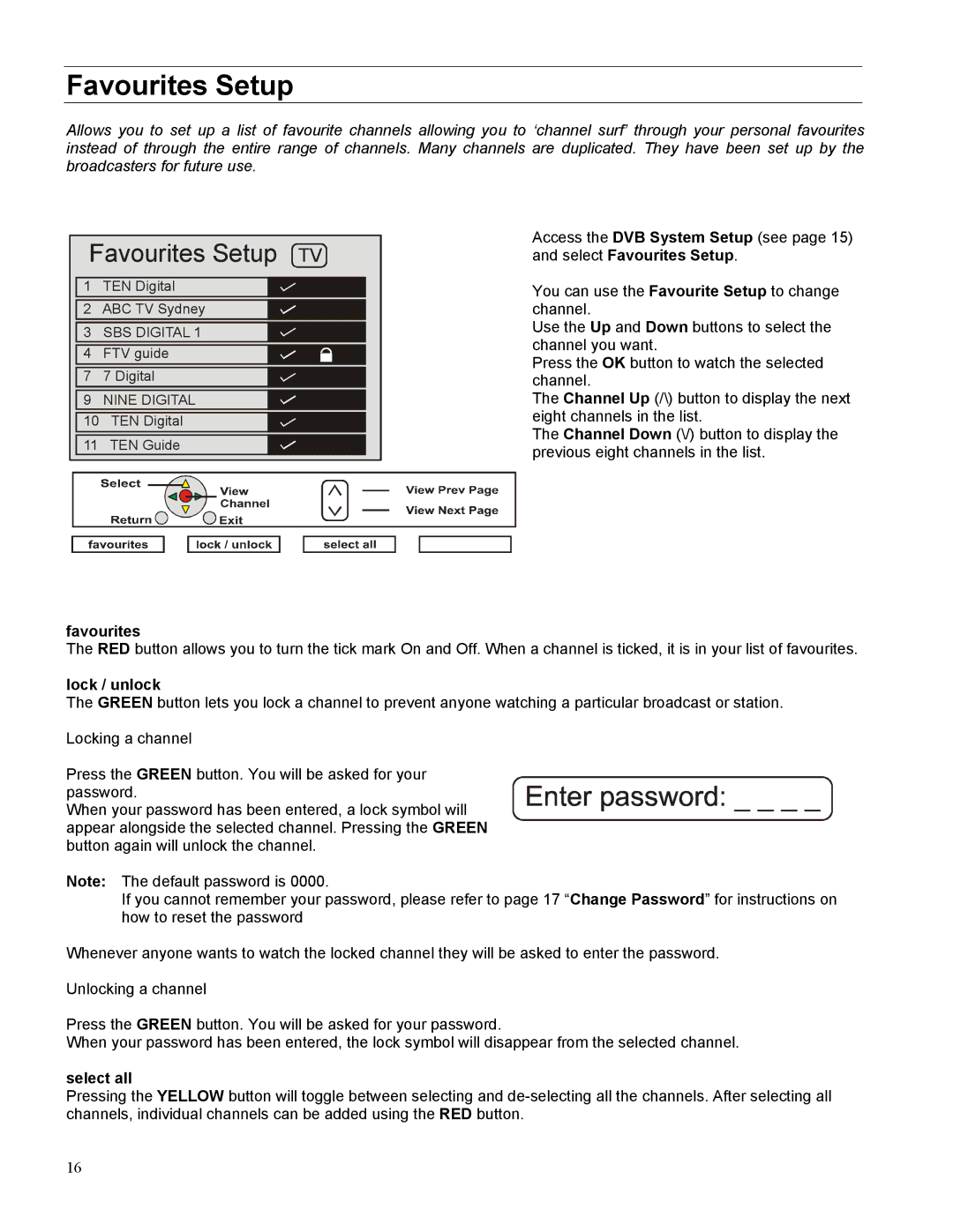 Panasonic TX-27LWD500A, TX-32LWD500A operating instructions Favourites Setup, Lock / unlock, Select all 