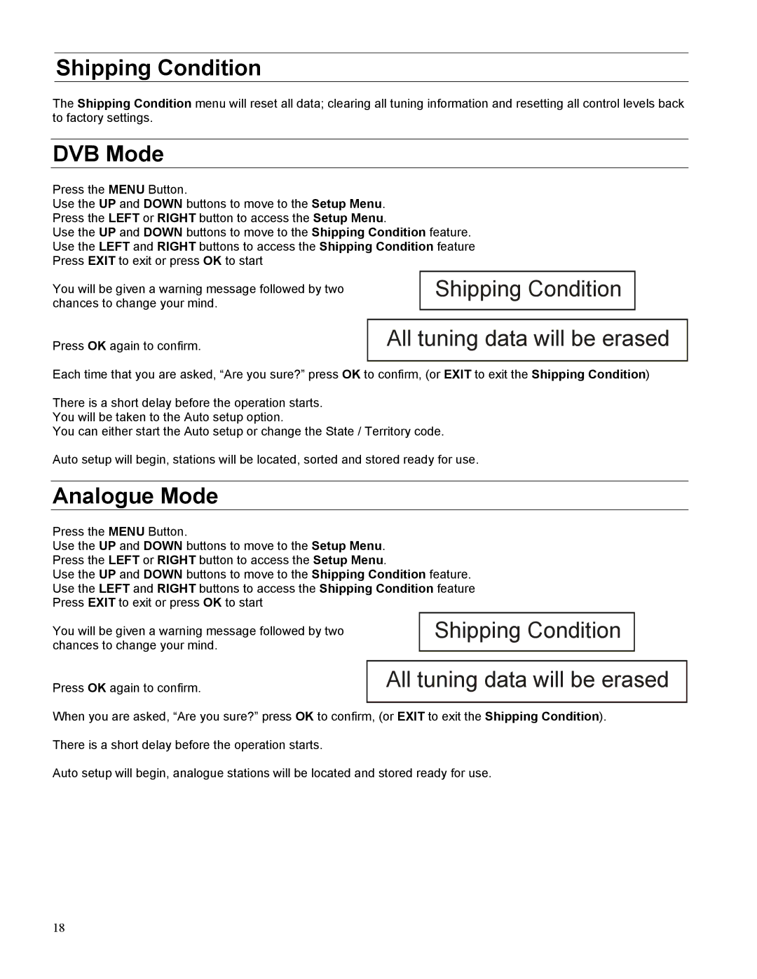 Panasonic TX-27LWD500A, TX-32LWD500A operating instructions Shipping Condition, DVB Mode, Analogue Mode 