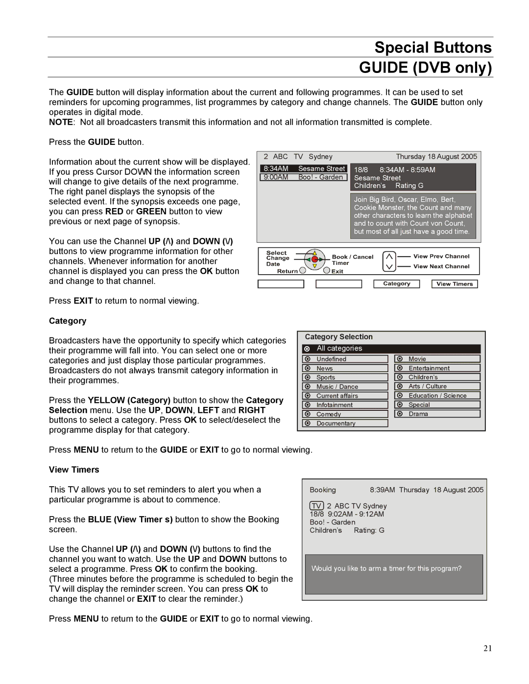 Panasonic TX-32LWD500A Special Buttons Guide DVB only, Category, Selection menu. Use the UP, DOWN, Left and Right 