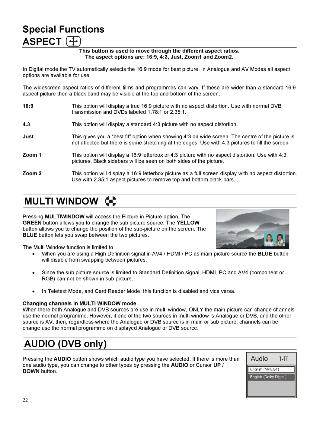 Panasonic TX-27LWD500A, TX-32LWD500A operating instructions Special Functions, Audio DVB only 