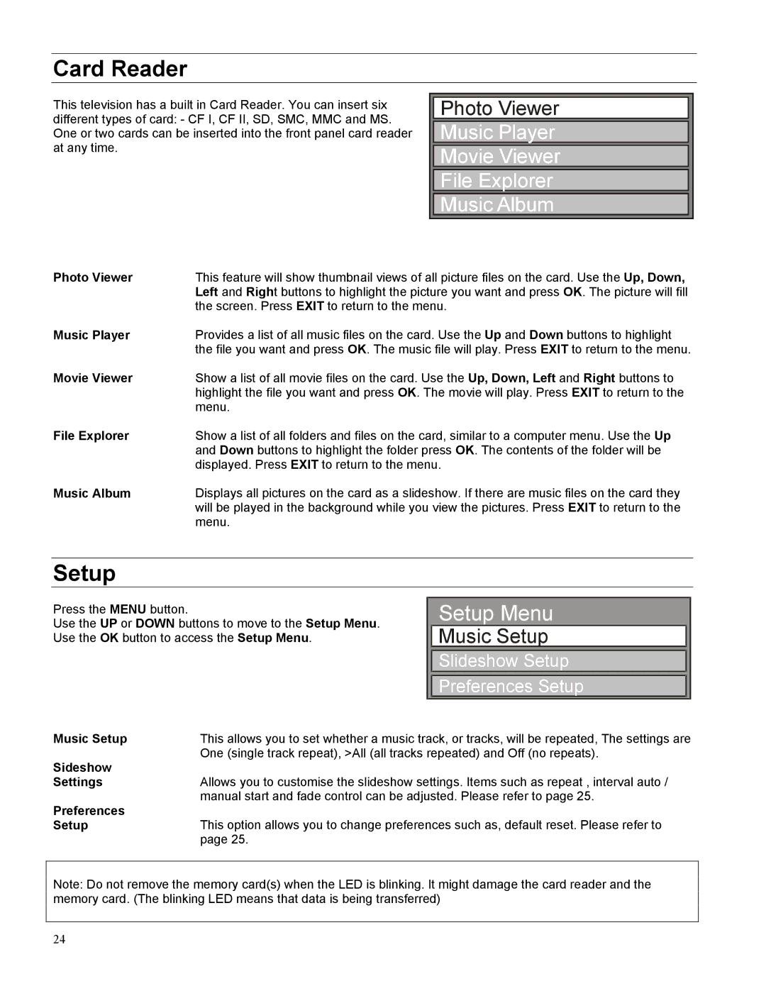 Panasonic TX-27LWD500A, TX-32LWD500A operating instructions Card Reader, Setup 