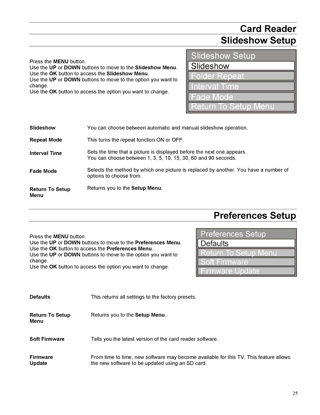 Panasonic TX-32LWD500A, TX-27LWD500A operating instructions Card Reader Slideshow Setup, Preferences Setup 