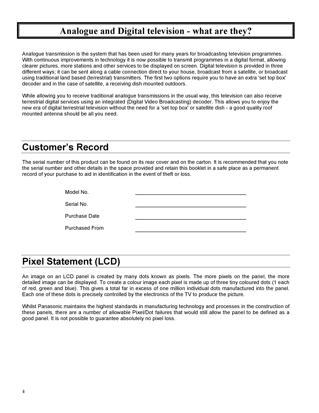 Panasonic TX-27LWD500A, TX-32LWD500A operating instructions Customer’s Record, Pixel Statement LCD 