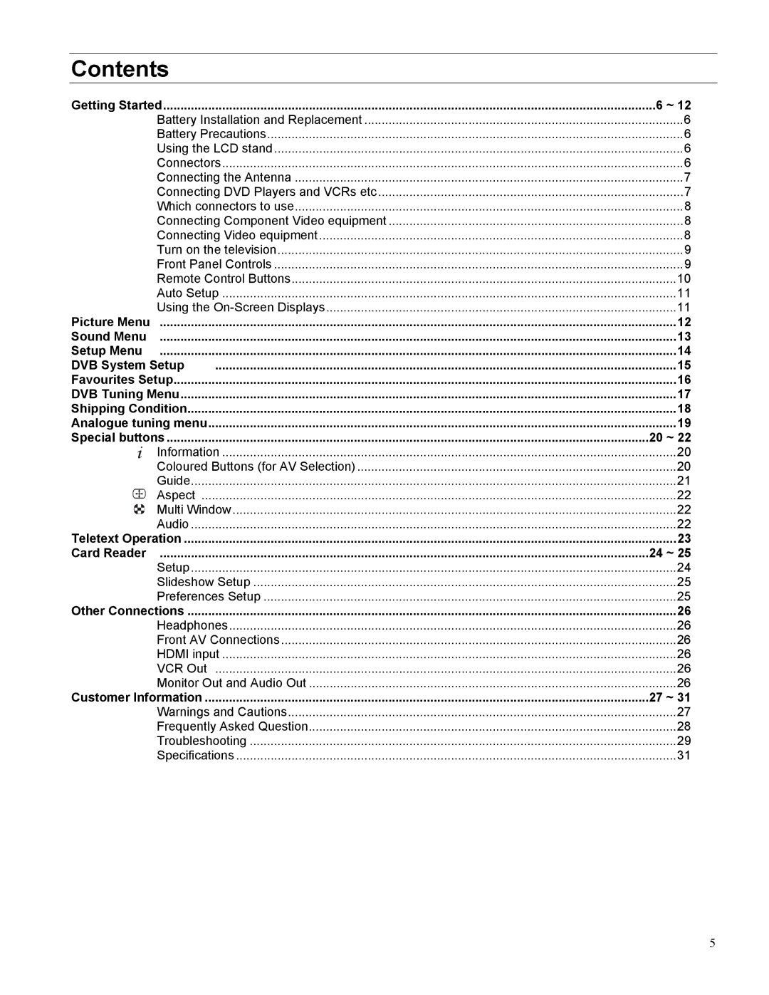 Panasonic TX-32LWD500A, TX-27LWD500A operating instructions Contents 