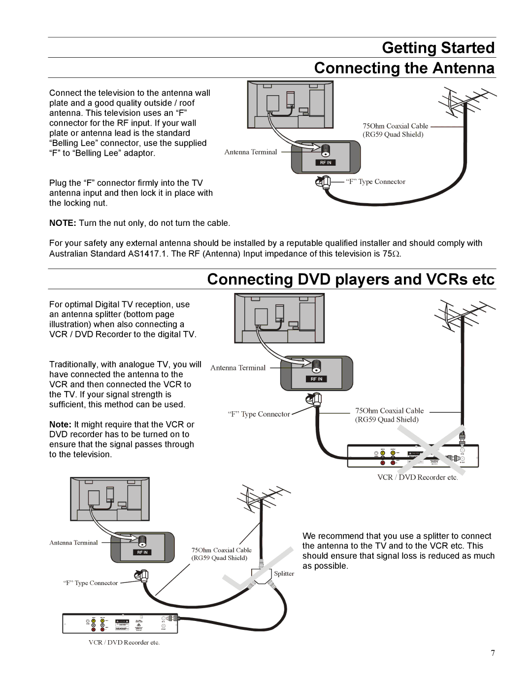 Panasonic TX-32LWD500A, TX-27LWD500A Getting Started, Connecting the Antenna, Connecting DVD players and VCRs etc 