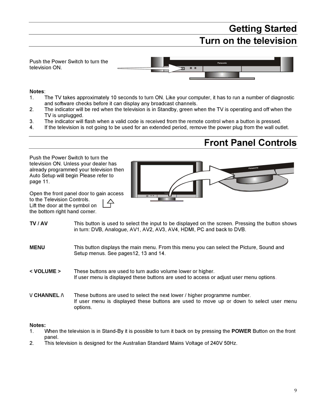 Panasonic TX-32LWD500A, TX-27LWD500A operating instructions Getting Started Turn on the television, Front Panel Controls 