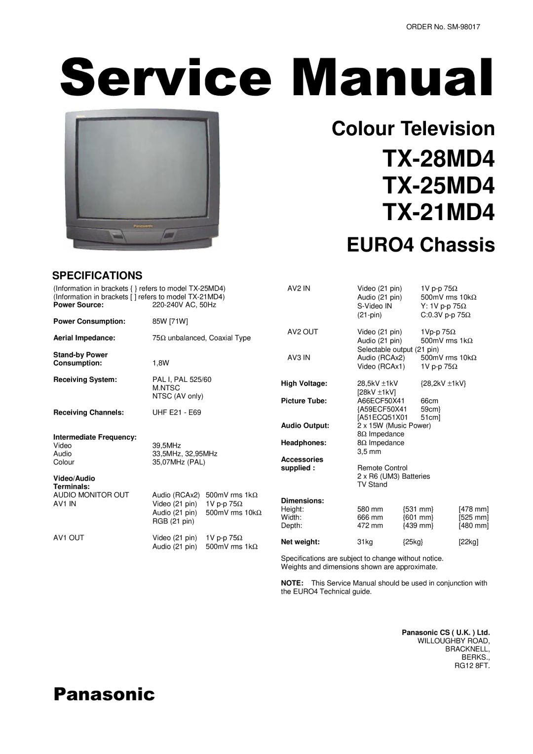 Panasonic specifications TX-28MD4 TX-25MD4 TX-21MD4 