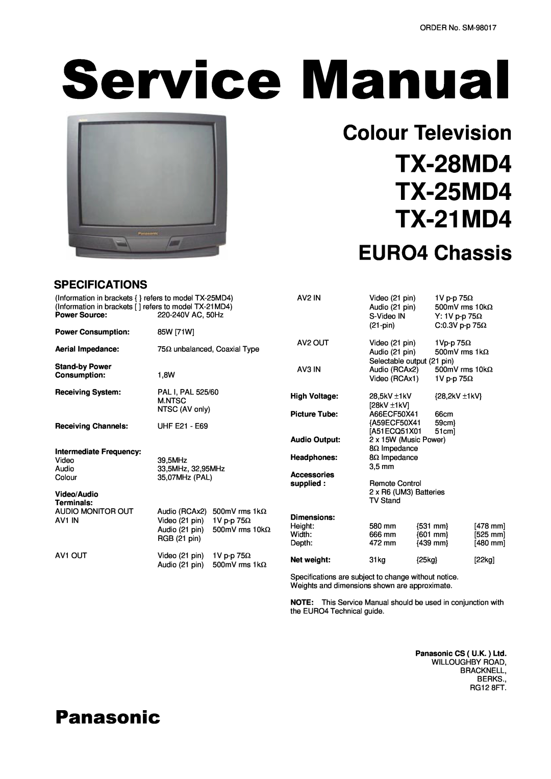Panasonic specifications TX-28MD4 TX-25MD4 TX-21MD4, Colour Television, EURO4 Chassis, 3DQDVRQLF, Specifications 