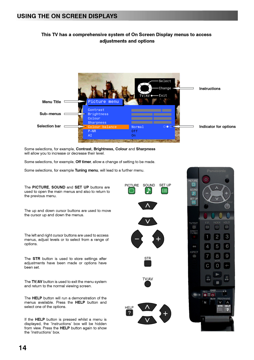 Panasonic TX-28PL4 manual Using the on Screen Displays, Instructions Indicator for options 