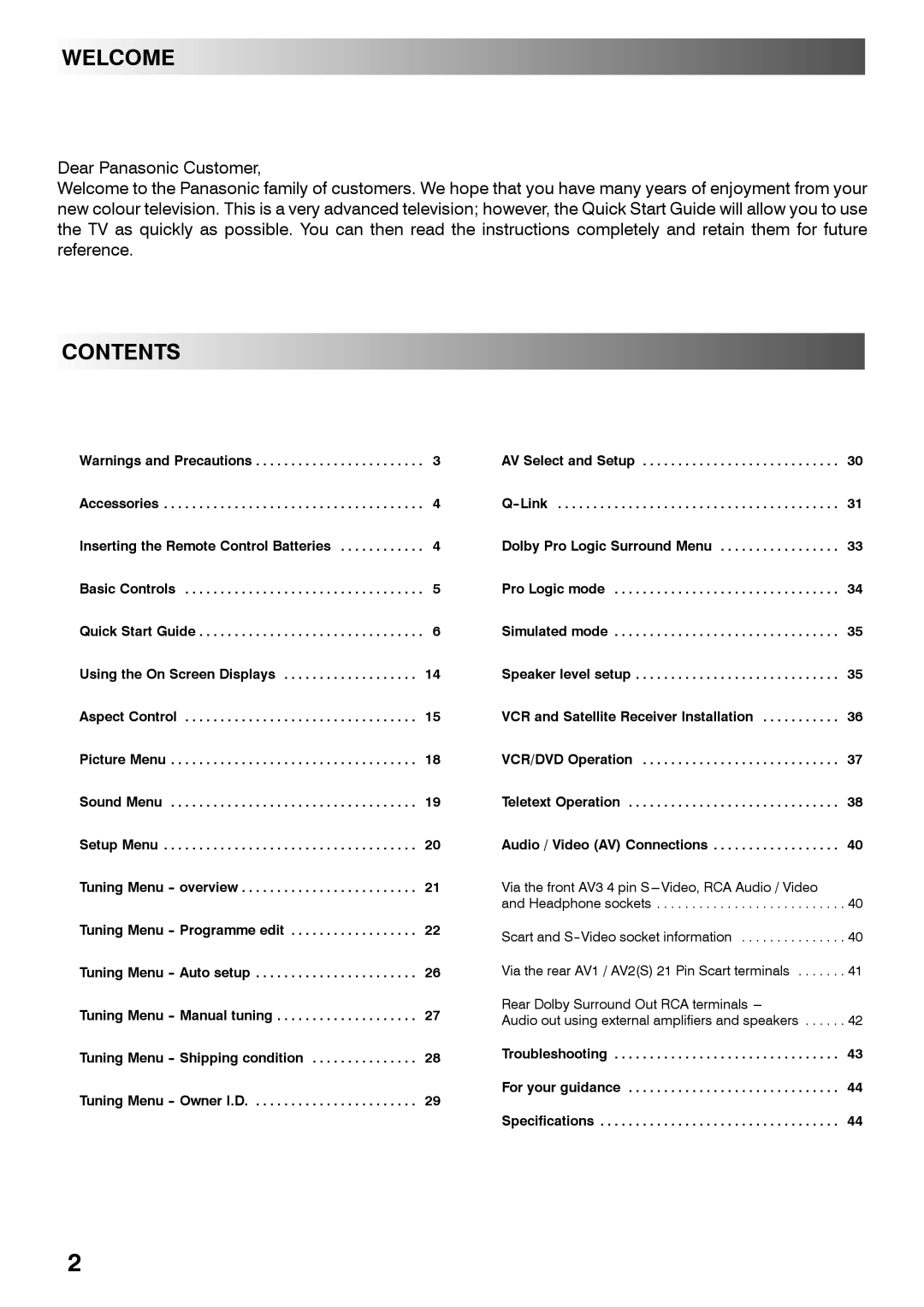 Panasonic TX-28PL4 manual Welcome, Contents 