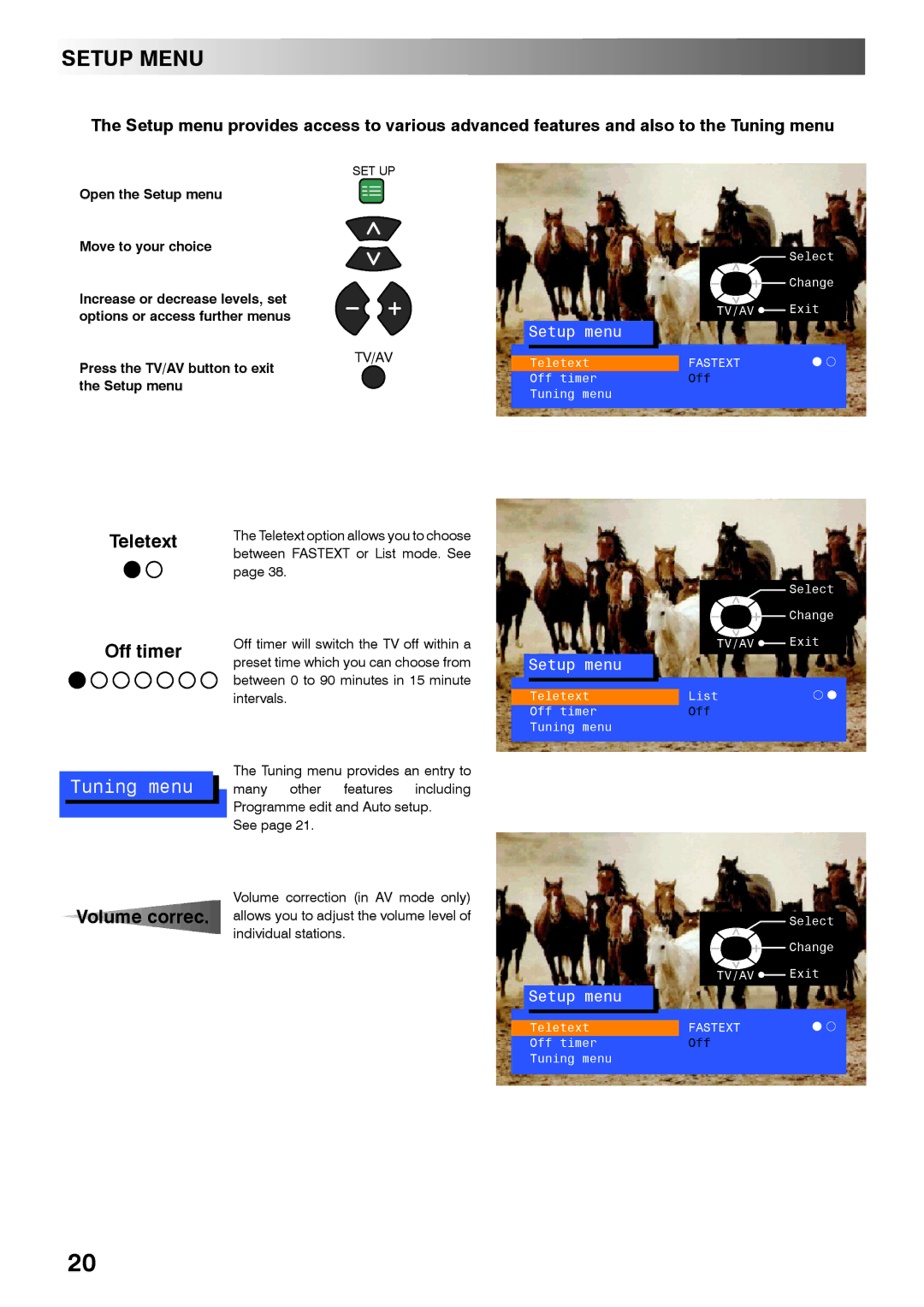 Panasonic TX-28PL4 manual Setup Menu, Teletext Off timer, Volume correc 