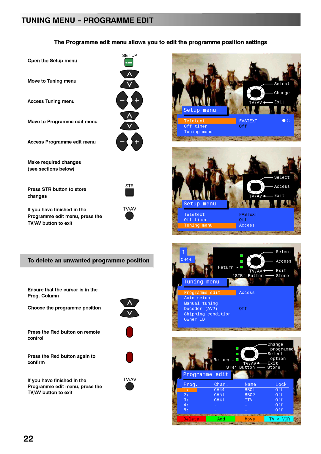 Panasonic TX-28PL4 Tuning Menu Programme Edit, To delete an unwanted programme position, Changes If you have finished 