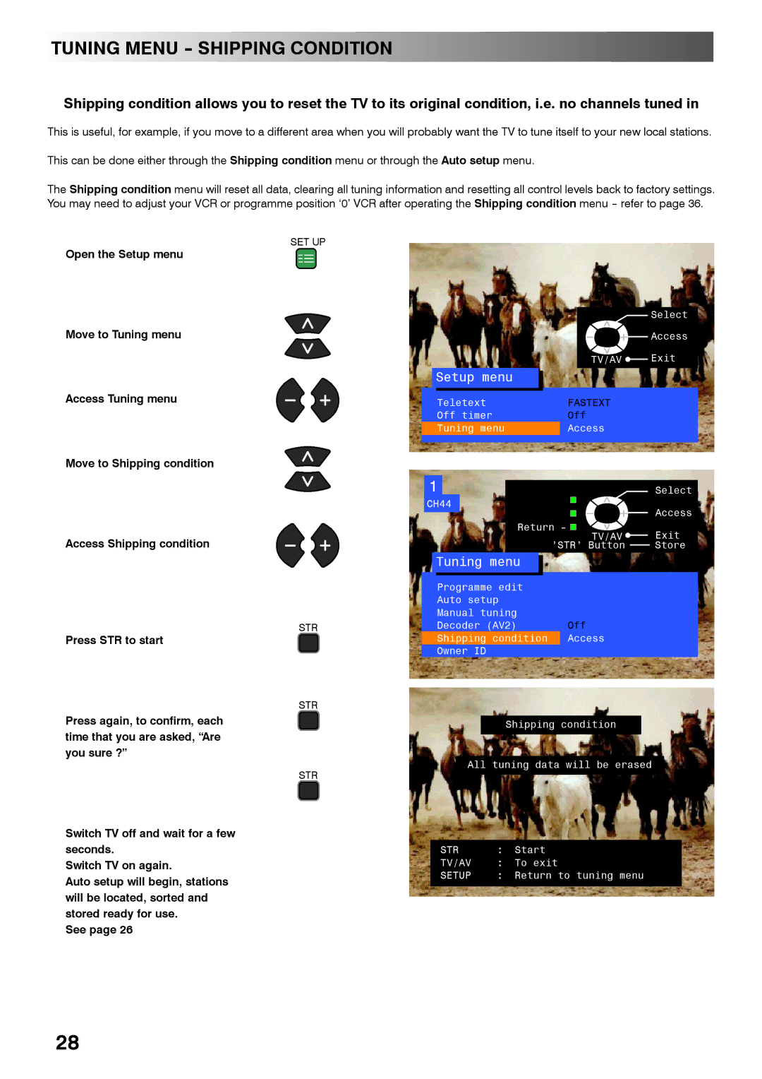 Panasonic TX-28PL4 manual Tuning Menu Shipping Condition, Press STR to start 
