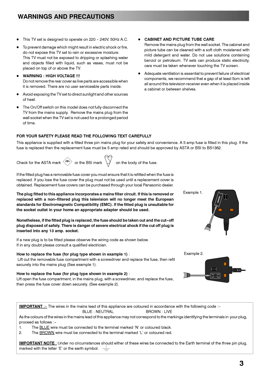 Panasonic TX-28PL4 manual Cabinet and Picture Tube Care, How to replace the fuse for plug type shown in example 