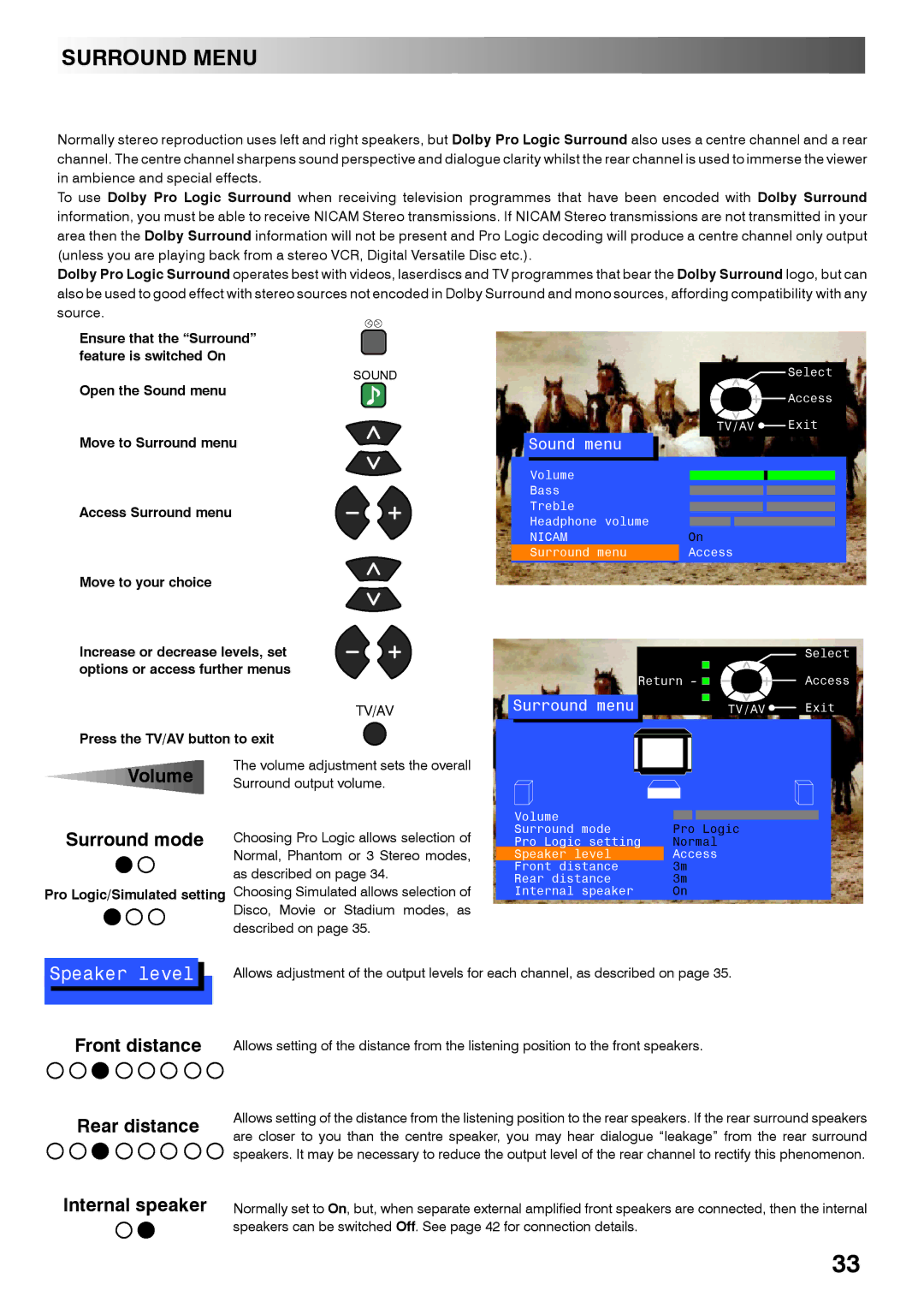 Panasonic TX-28PL4 manual Surround Menu, Volume Surround mode, Front distance Rear distance Internal speaker 