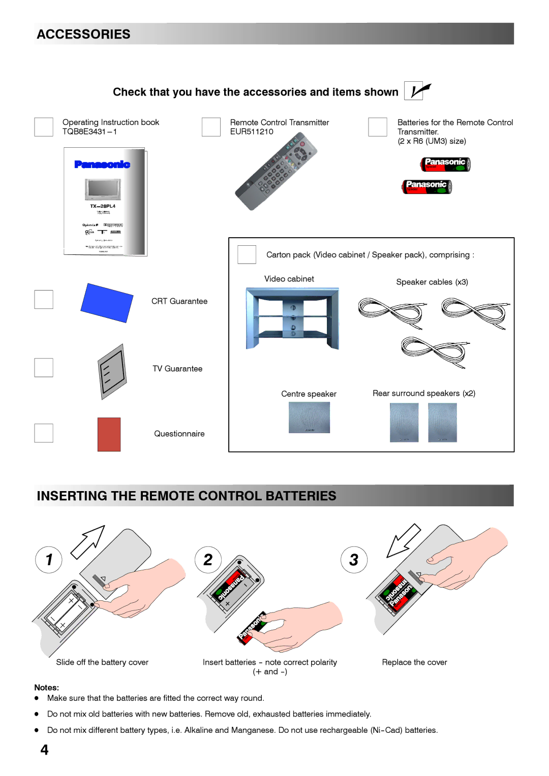 Panasonic TX-28PL4 manual Accessories, Inserting the Remote Control Batteries 