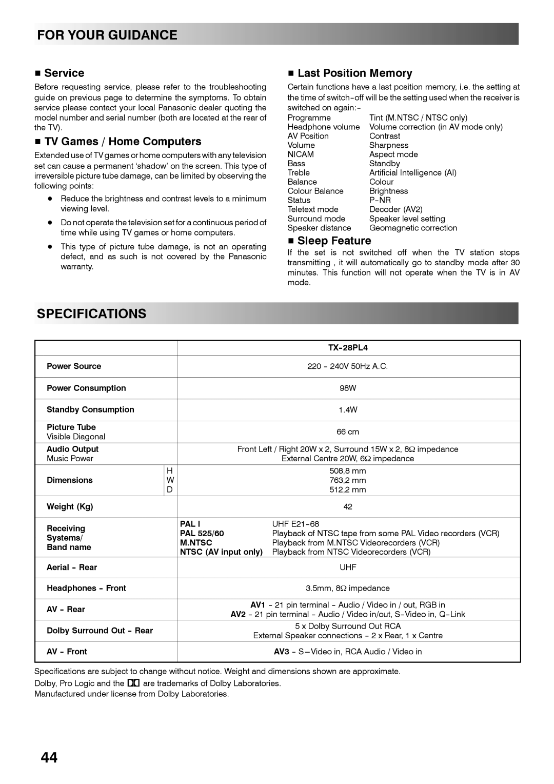 Panasonic TX-28PL4 manual For Your Guidance, Specifications 