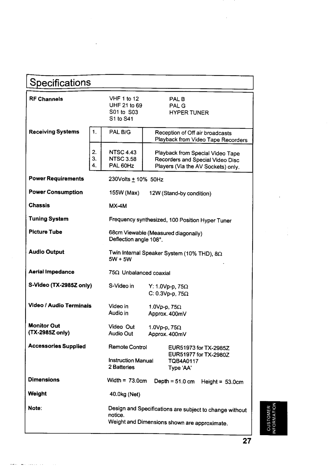 Panasonic TX-2980Z, TX-2985Z manual 