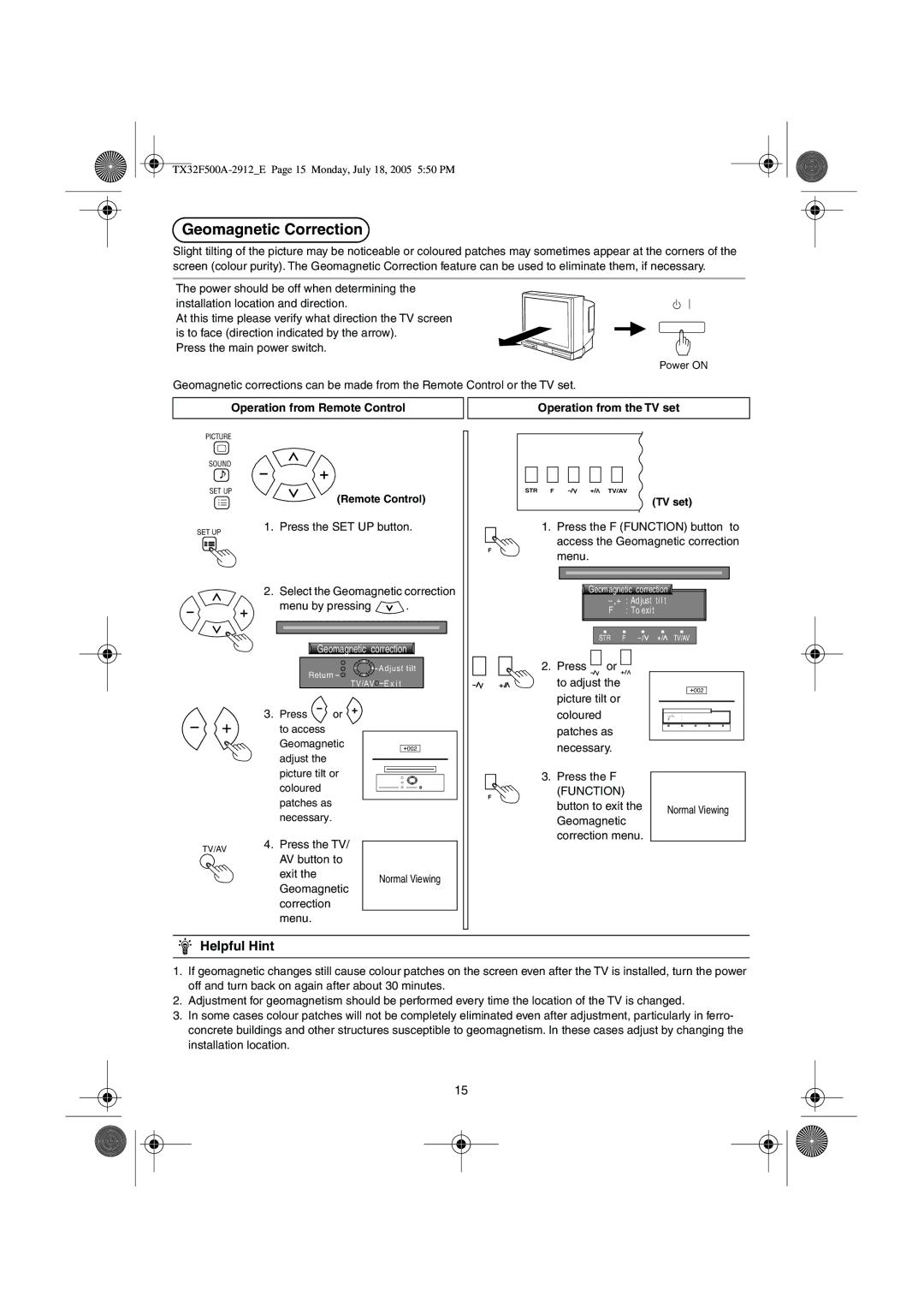 Panasonic TX-32F500A Geomagnetic Correction, Helpful Hint, Operation from Remote Control Operation from the TV set 