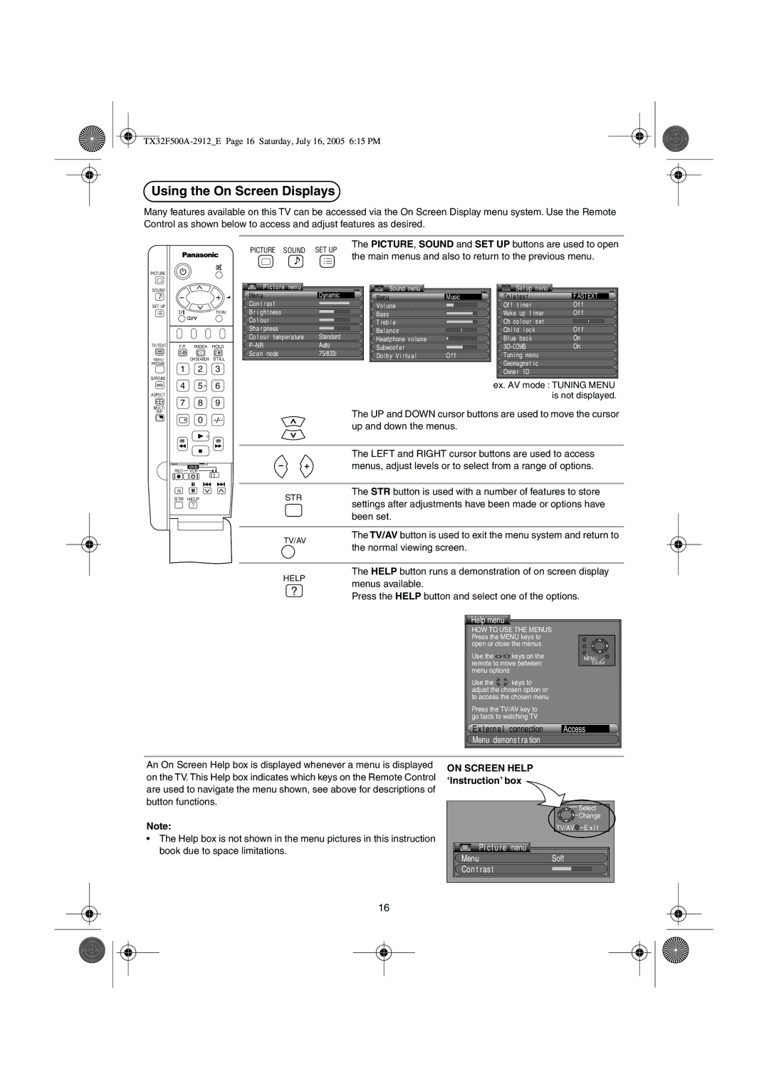 Panasonic TX-32F500A Using the On Screen Displays, Main menus and also to return to the previous menu 